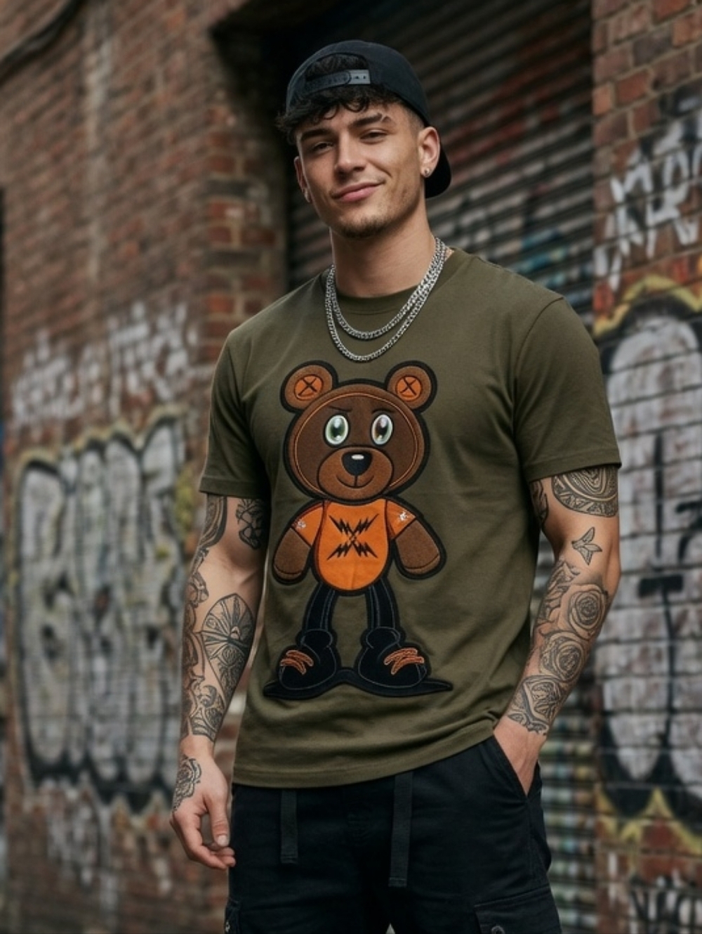 Streetwear Graphic Tee – Olive Green Teddy Bear Patch Shirt | BKYS Style